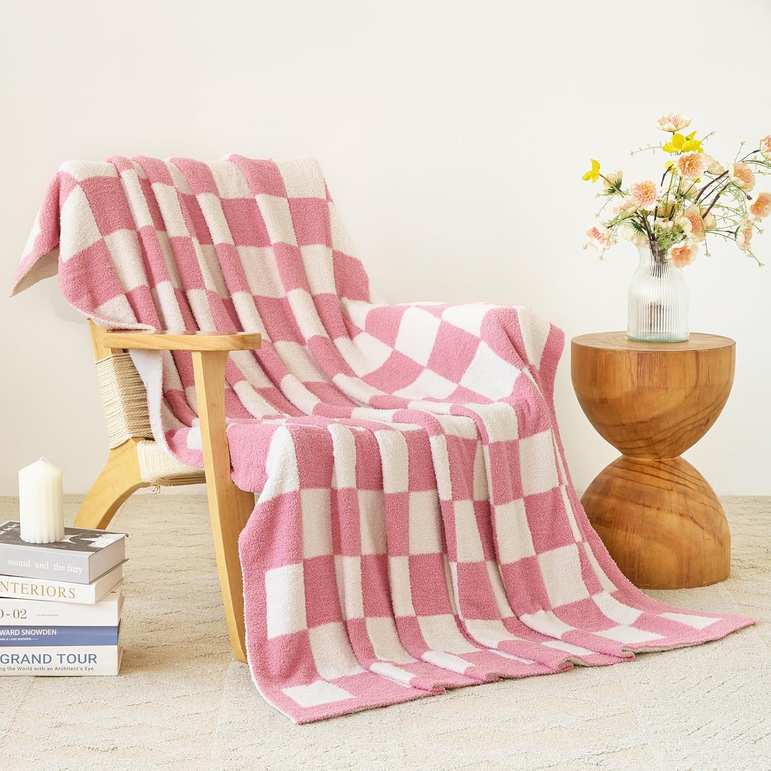 Beige Throw Pillow — 50" — Checkered Pink