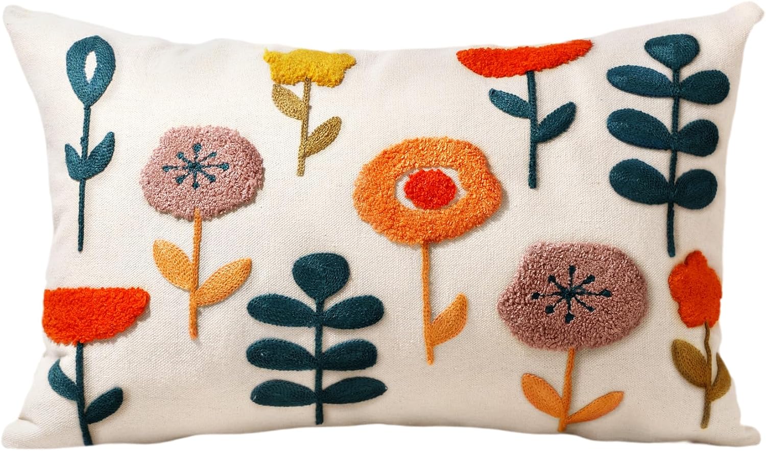 Embroidered Boho Beige Throw Pillow Cover — 18" — Plants