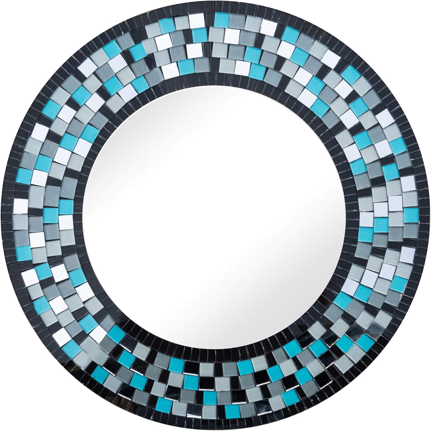 Handcrafted Blue Round Mirror — 24" — Turquoise Blue, Gray, Black