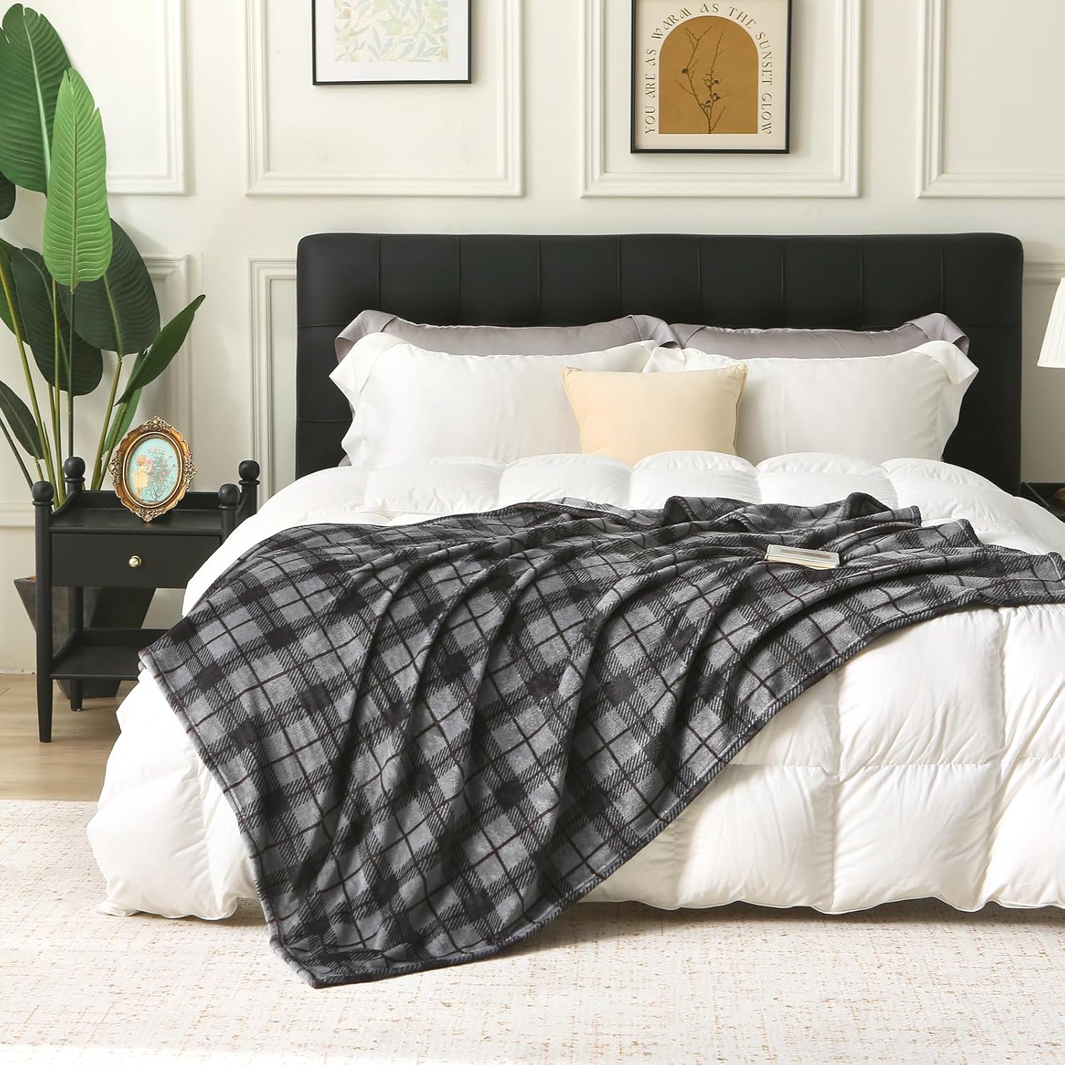 Oversized Beige Throw Pillow — 90" — Black Plaid