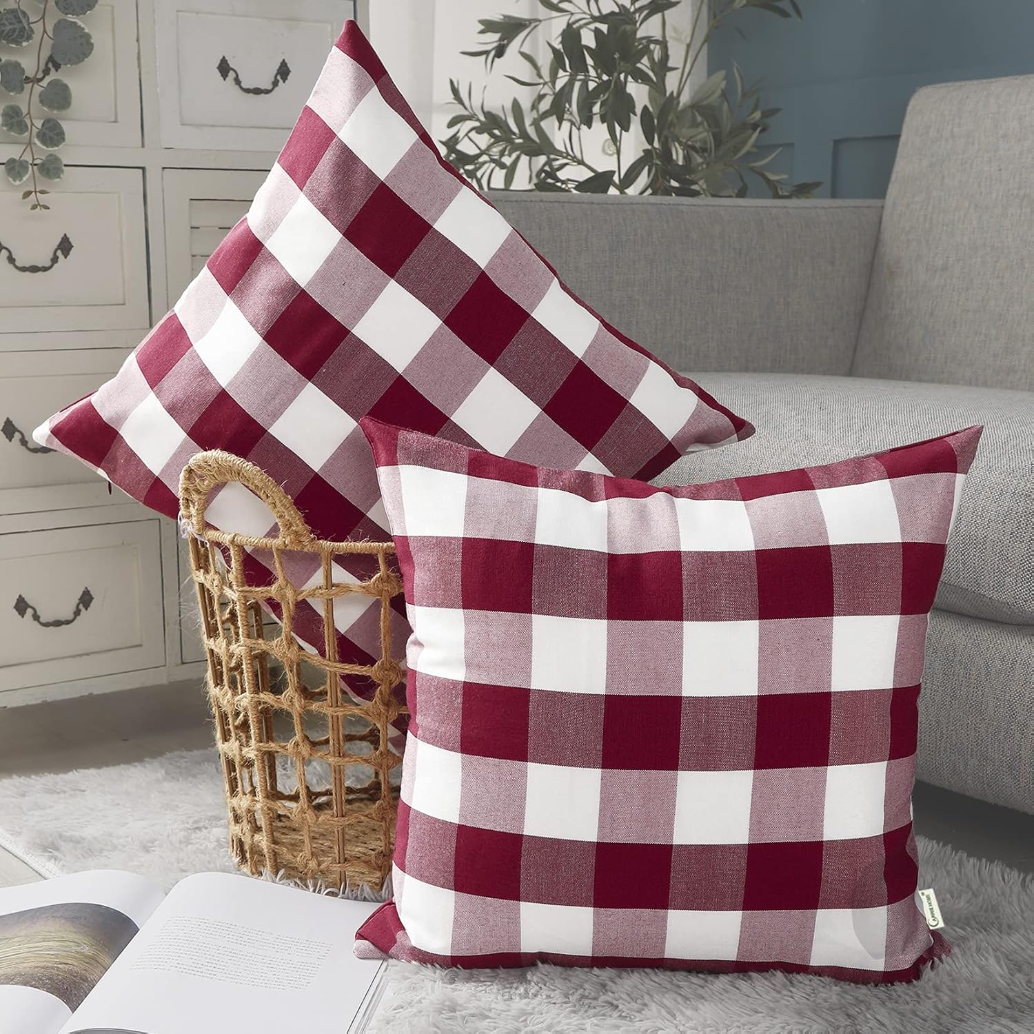 Boho Beige Throw Pillow Cover — 18" — Red Check