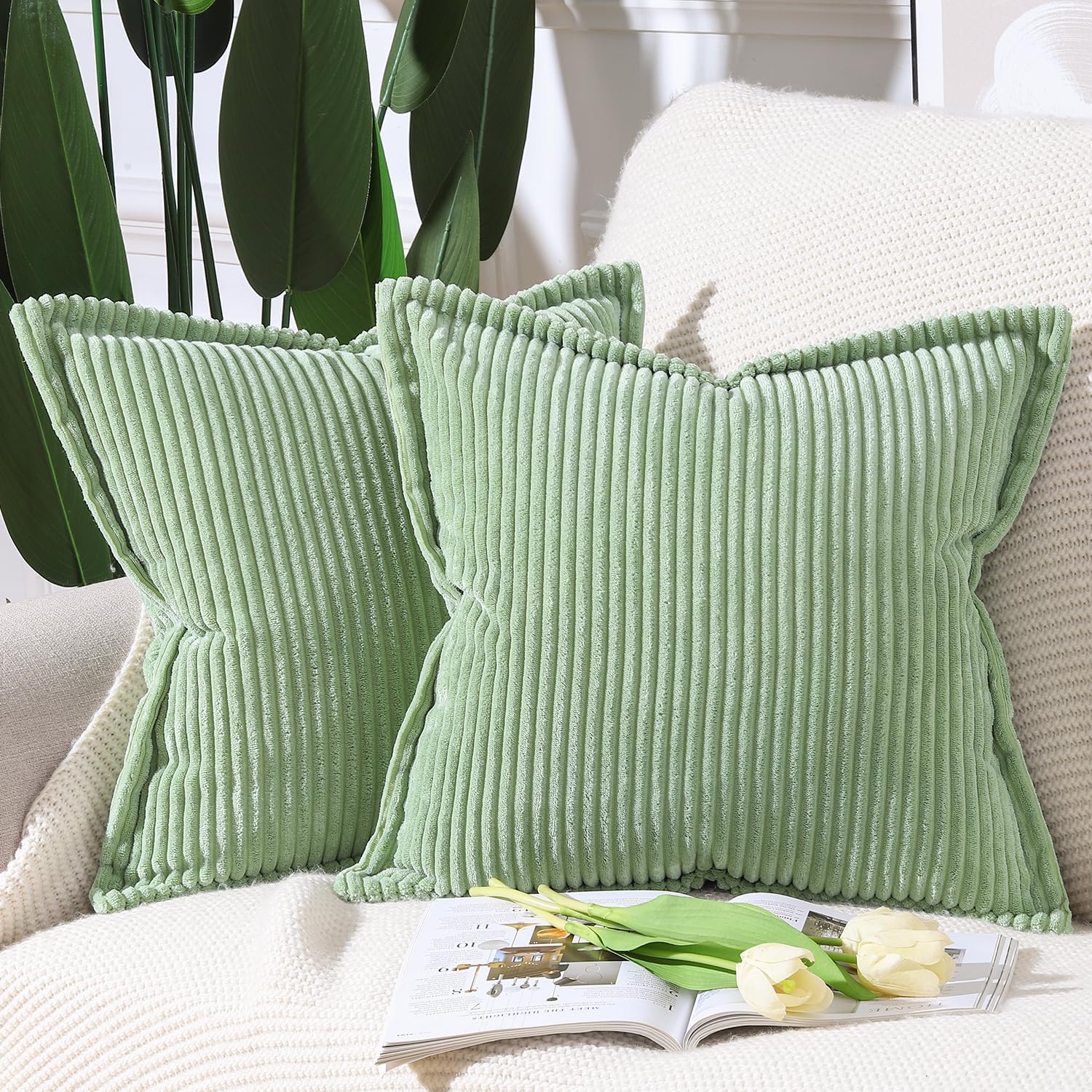 Boho Beige Throw Pillow Cover — 24" — Sage Green