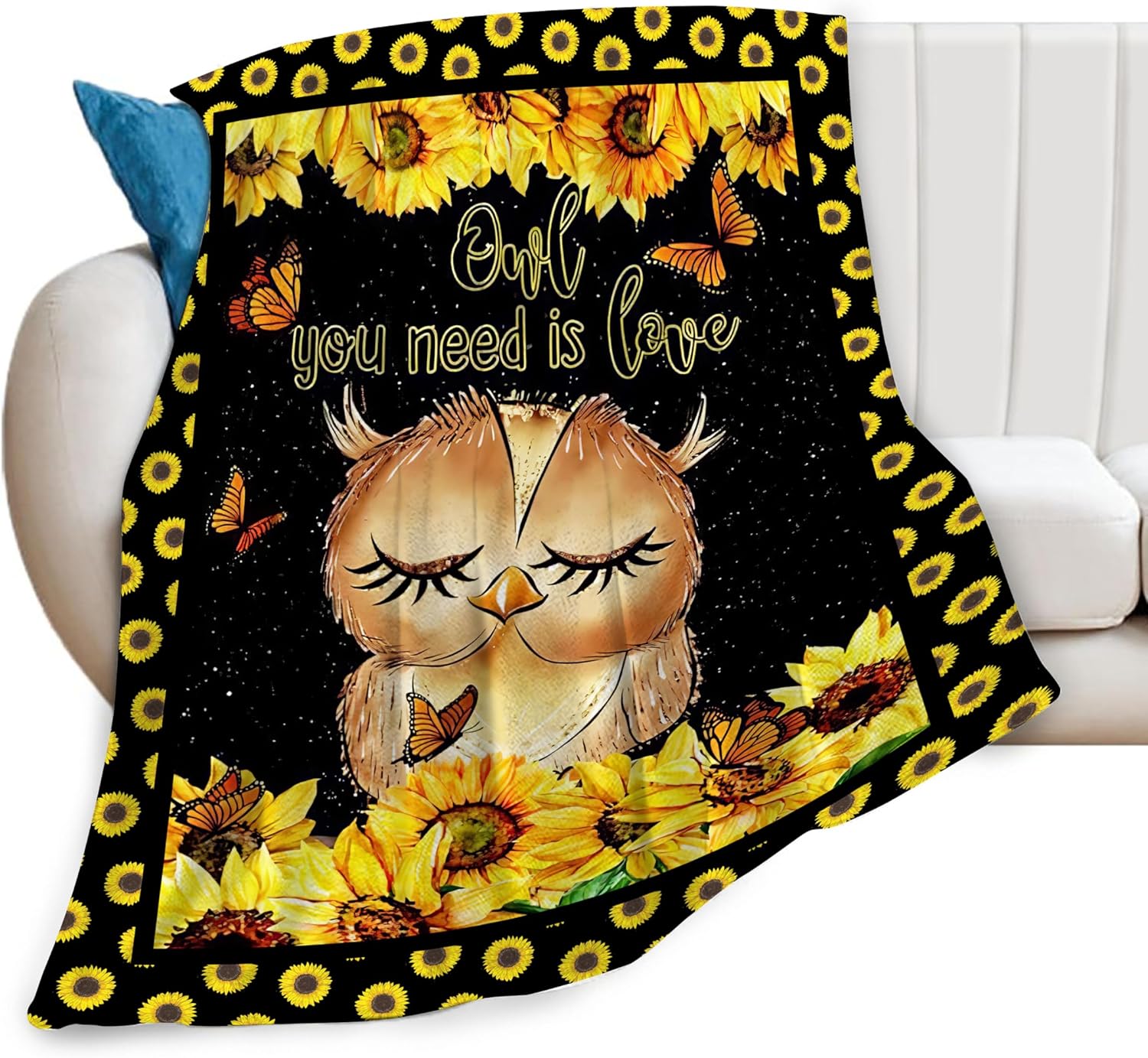 Black Throw Pillow — 50" — Owl Sunflower