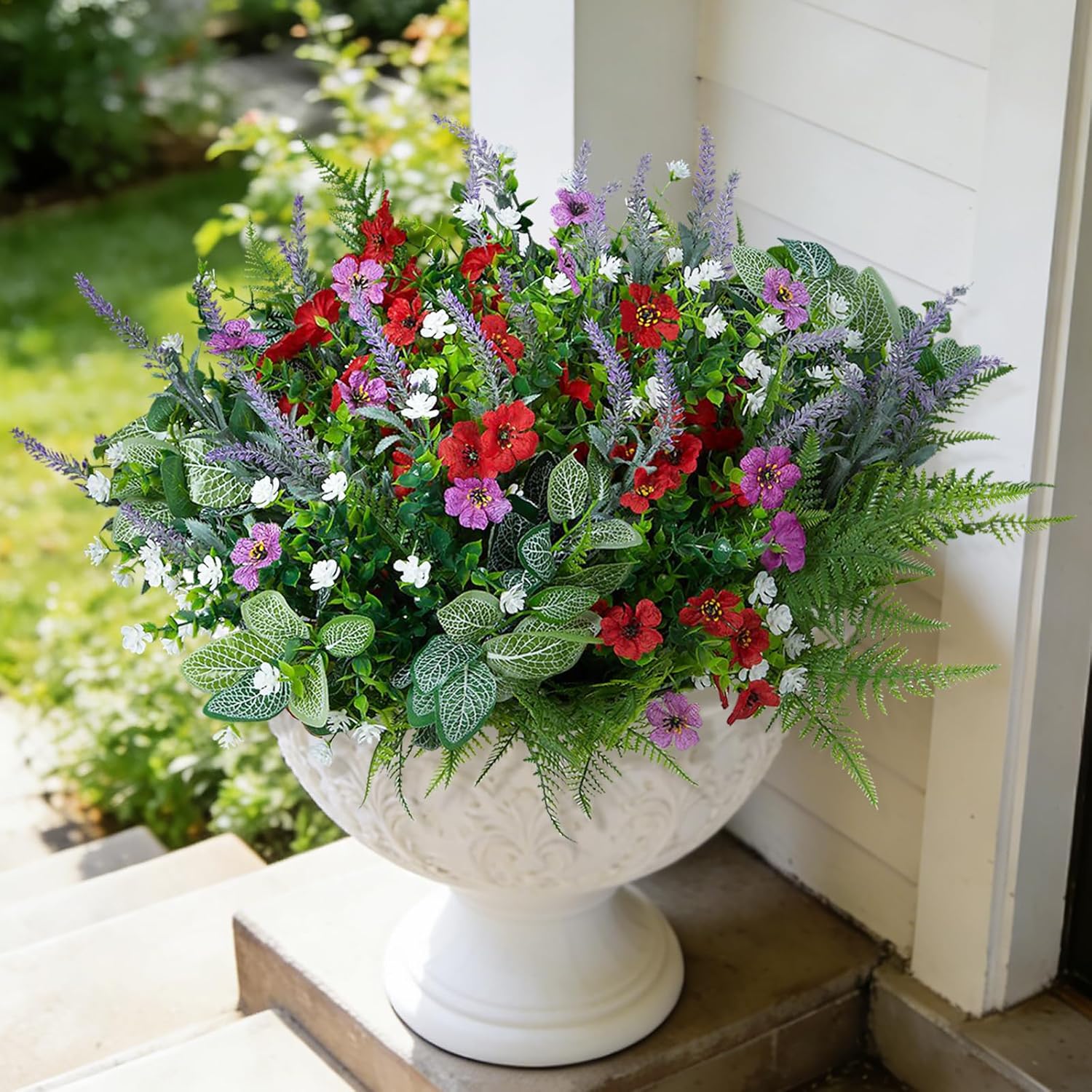 White Faux Plant — 6 Color Mixed(2 Lavender,2 Fittonia,2 Ferns,2 Boxwoods,2 Lt. Purple,2 Red Daisy)
