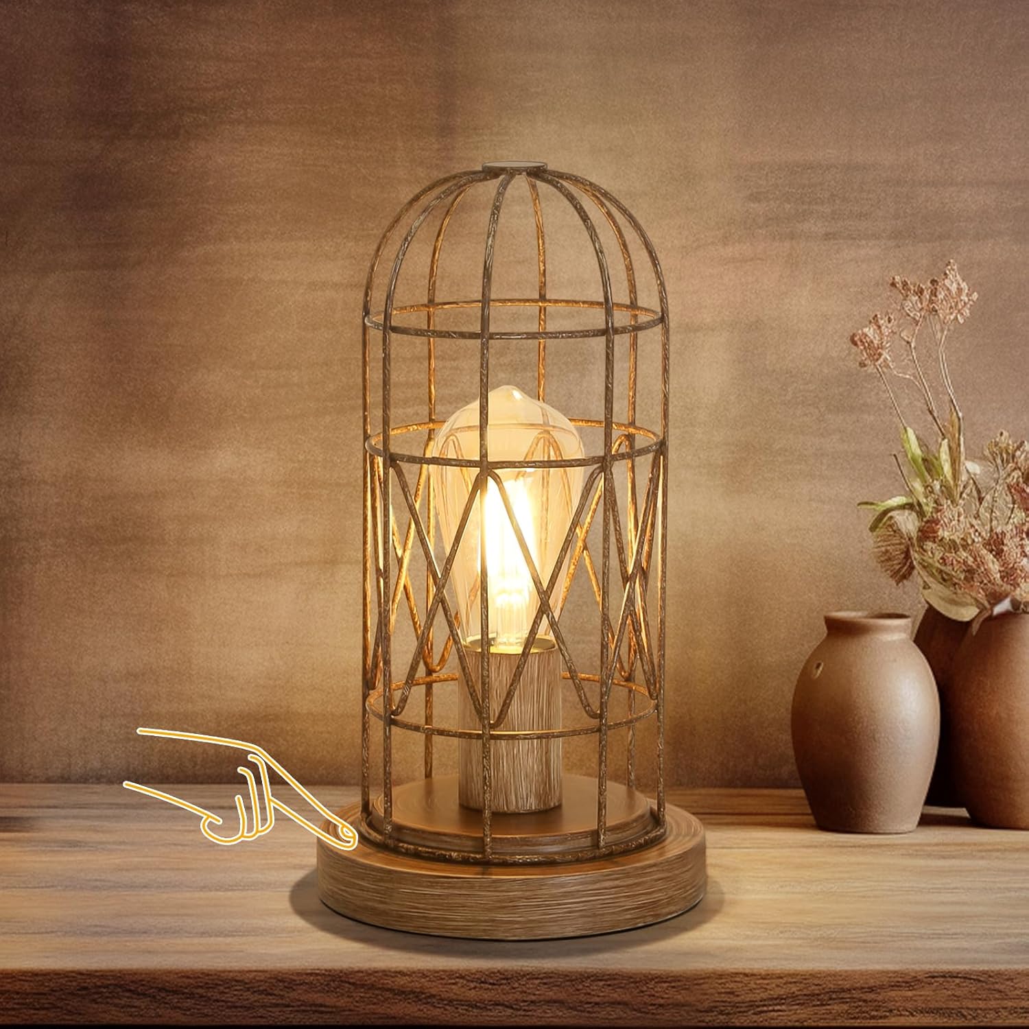 Dimmable Black Bedside Lamp — Brushed Rustic Wood