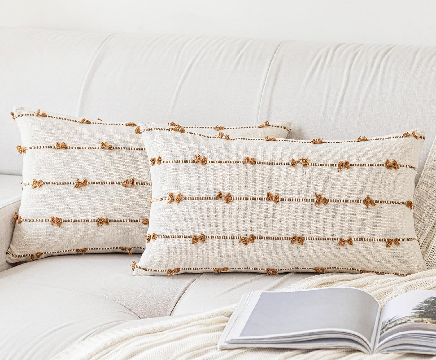 Tufted Boho Beige Throw Pillow Cover — 18" — Beige and Brown