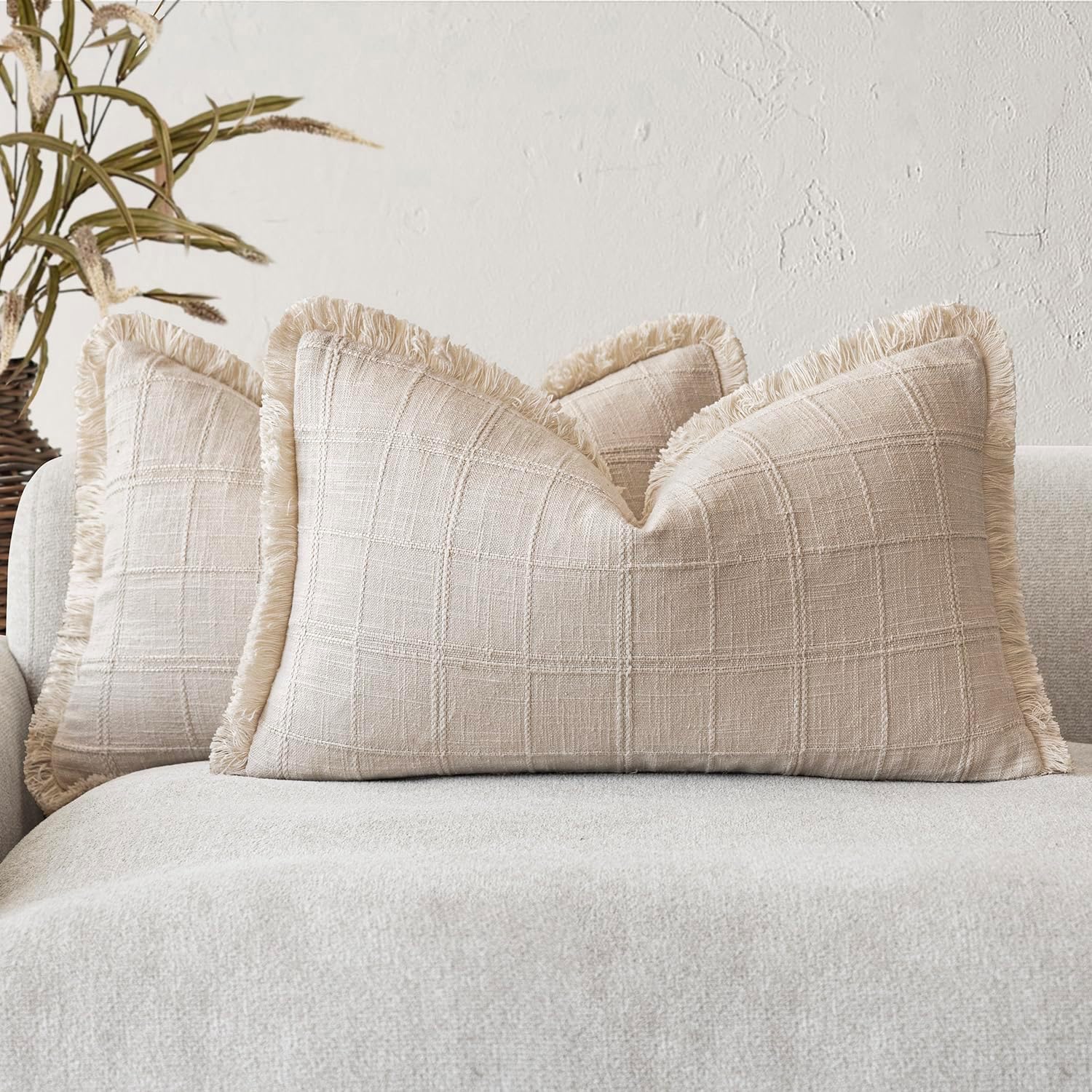 Linen Boho Beige Throw Pillow Cover — 18" — 20" x 12" (Pack of 2)