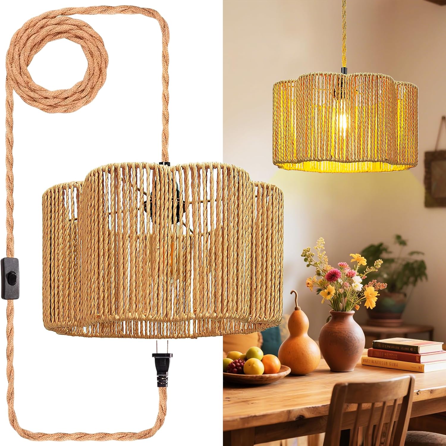 Boho Rattan Ceiling Light — 6" — 12.6 Inch-Flower Barrel Shade