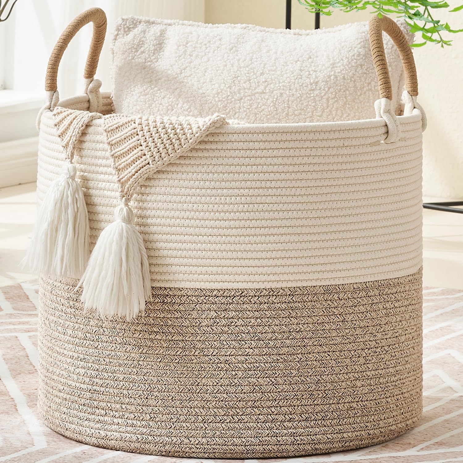 Boho Beige Throw Pillow — 18" — Brown and White