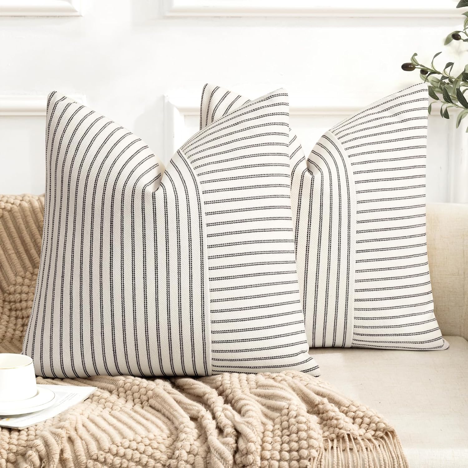 Linen Boho Beige Throw Pillow Cover — 18" — Black