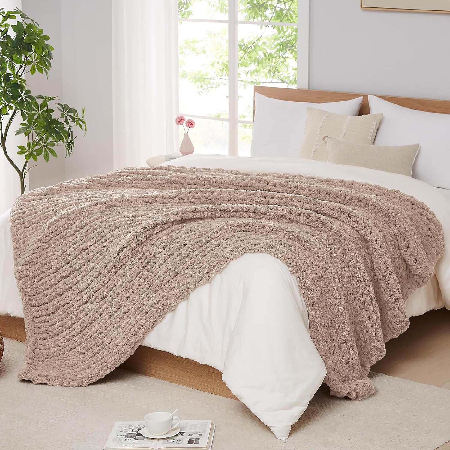 Knit Beige Throw Pillow — 50" — Light Taupe