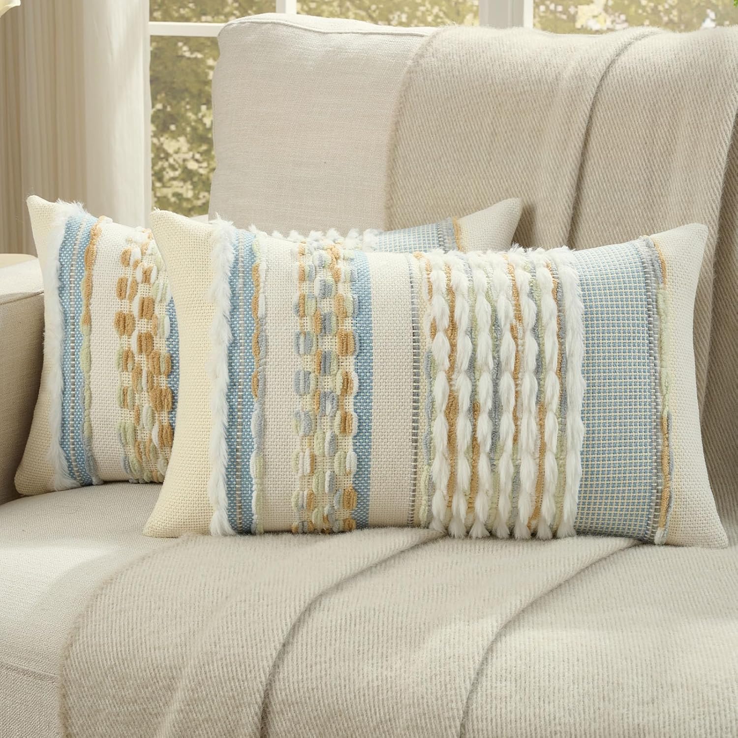 Tufted Boho Beige Throw Pillow Cover — 18" — Grey Blue+light Green+mustard Yellow