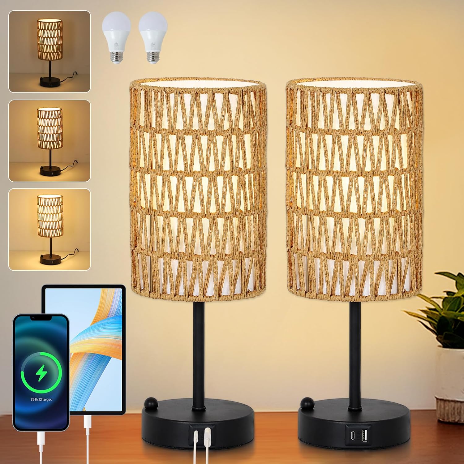 Dimmable Boho Black Desk Lamp — Black-2pack