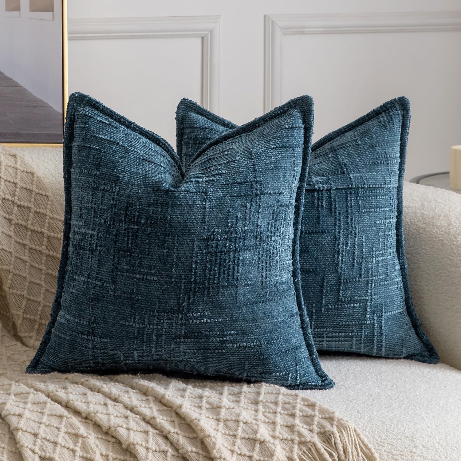 Chenille Boho Beige Throw Pillow Cover — 18" — Blue