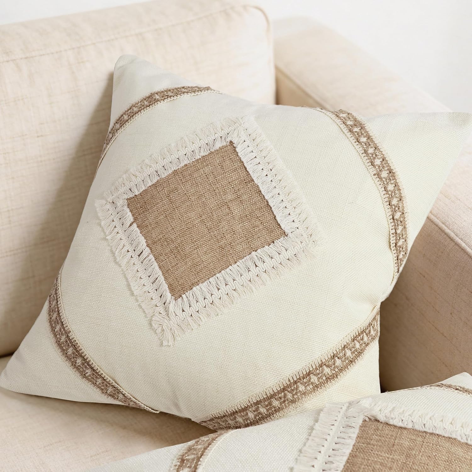 Linen Boho Beige Throw Pillow Cover — 18" - View 6