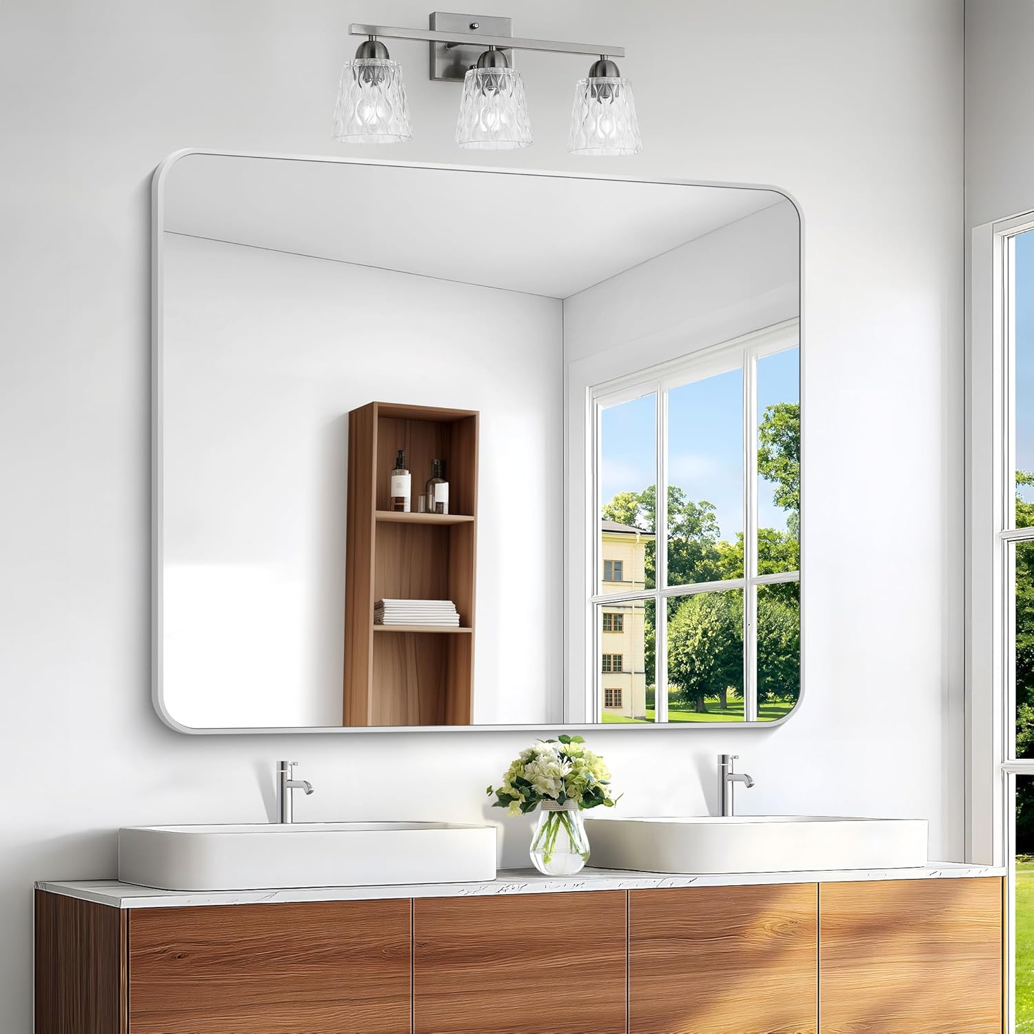 Round Luxe Beige Wall Mirror — 60" — Silver Rounded Rectangle