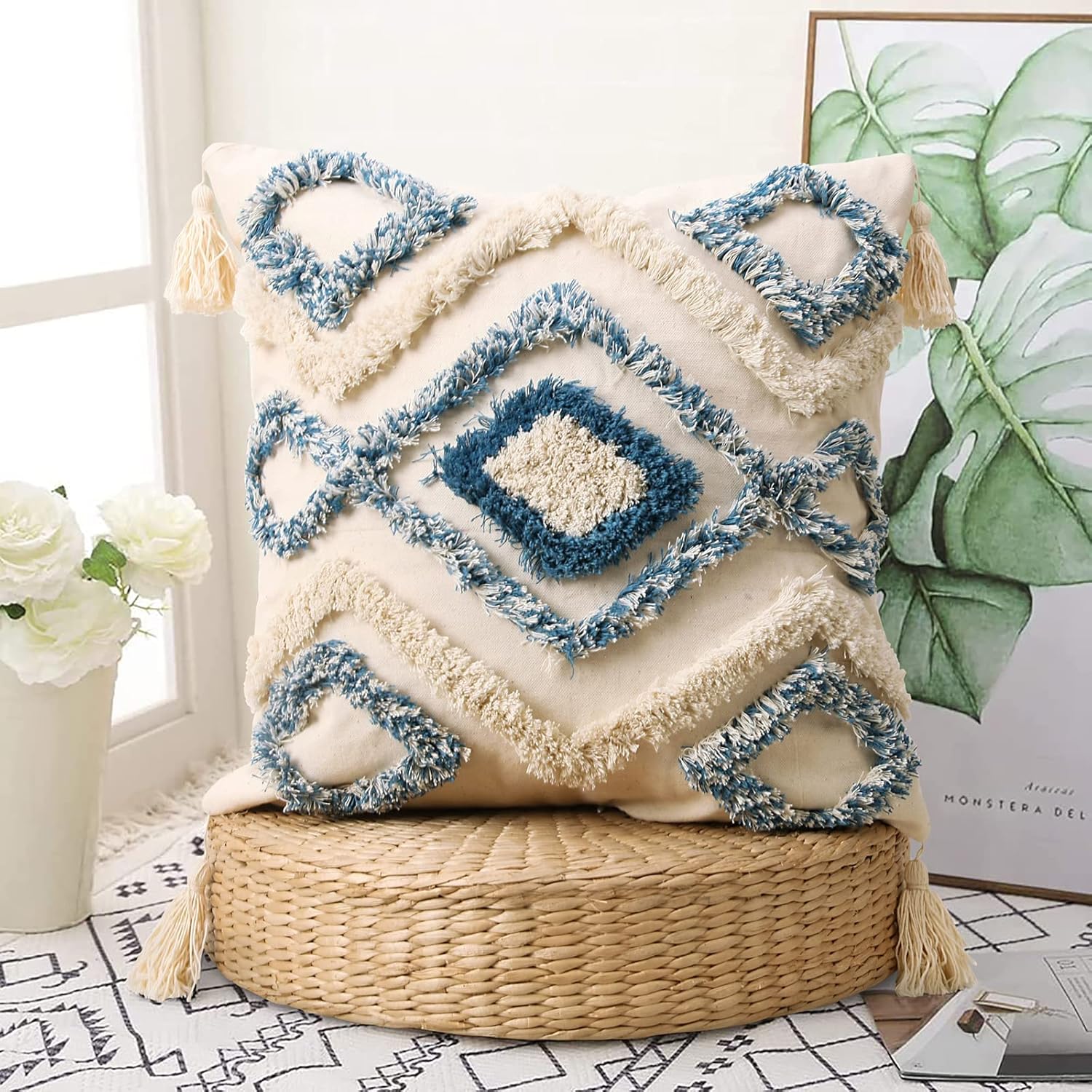 Tufted Boho Blue Throw Pillow Cover — 18" - View 2