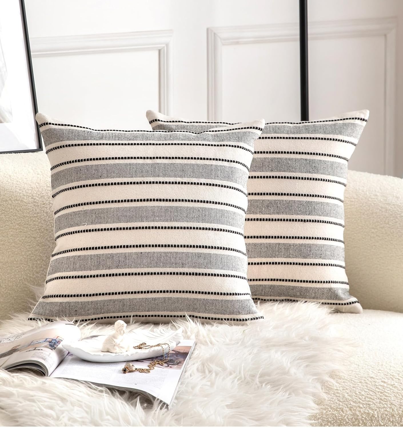 Boho Beige Throw Pillow Cover — 18" — Black