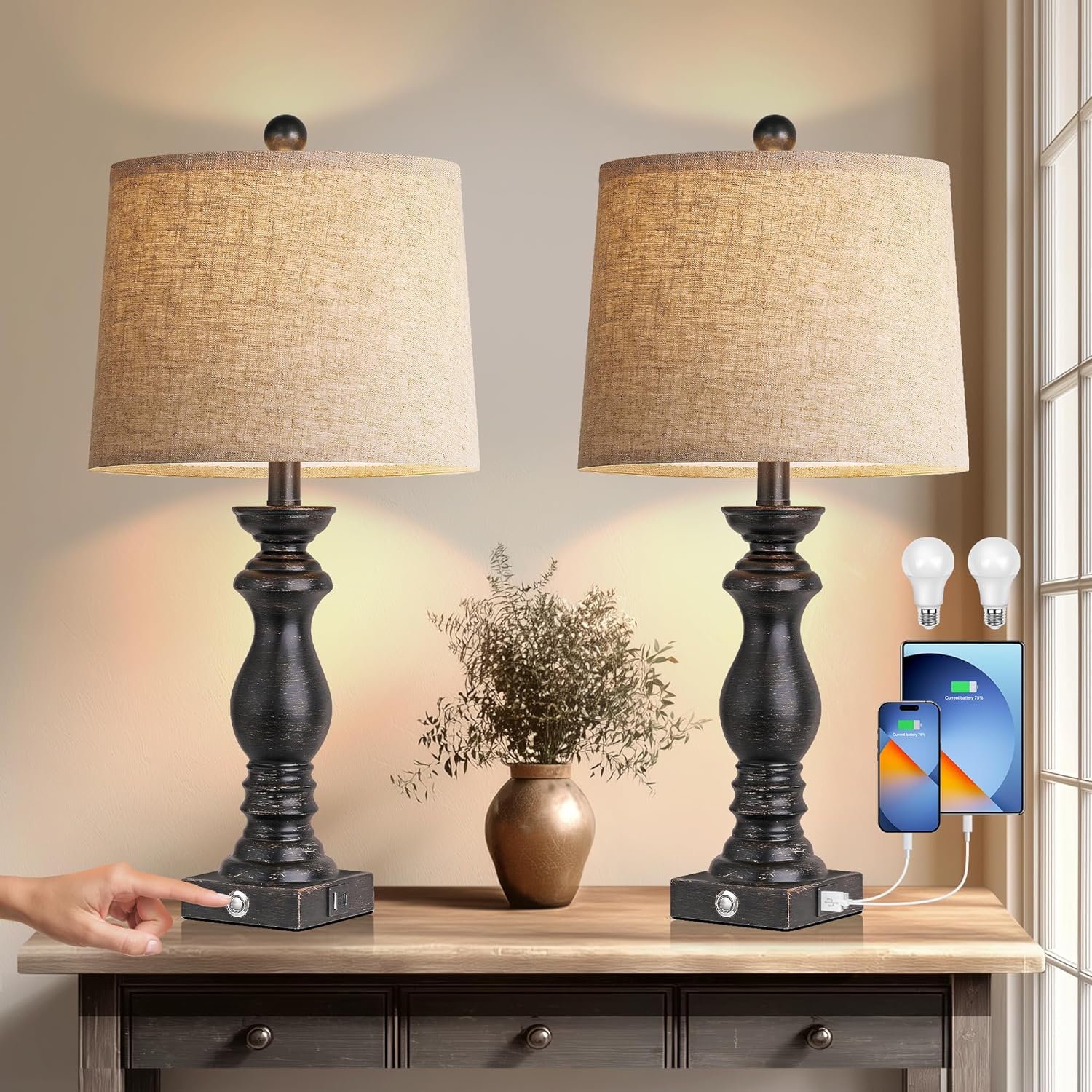 Linen Farmhouse Black Desk Lamp — 22" — Antique Black 24.5" (LED Bulbs)