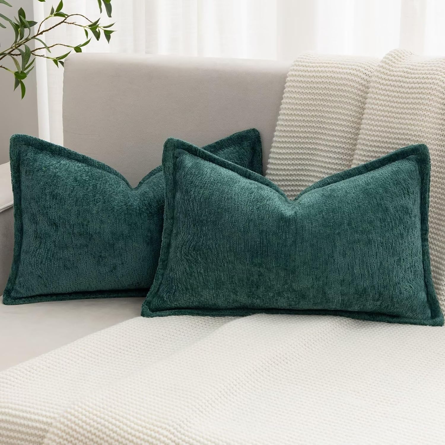 Chenille Boho Beige Throw Pillow Cover — 18" — Green