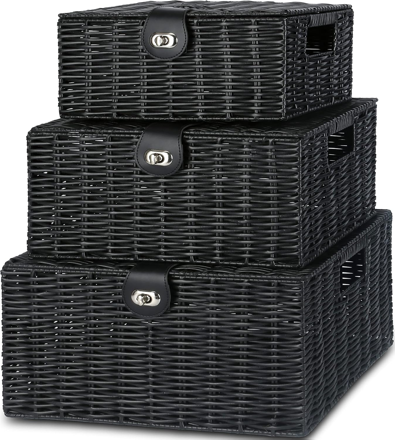Boho Black Woven Basket — Set of 3 — Black