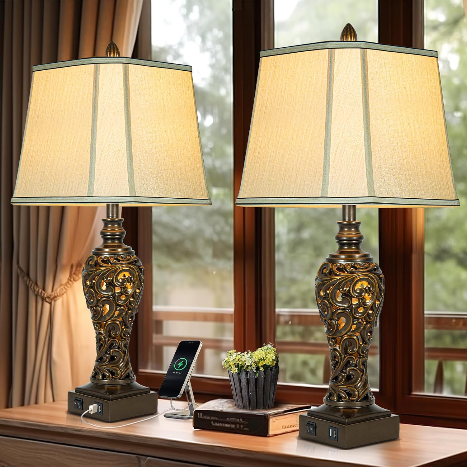 USB Beige Bedside Lamp — 28.5" — Brown-Set of 2