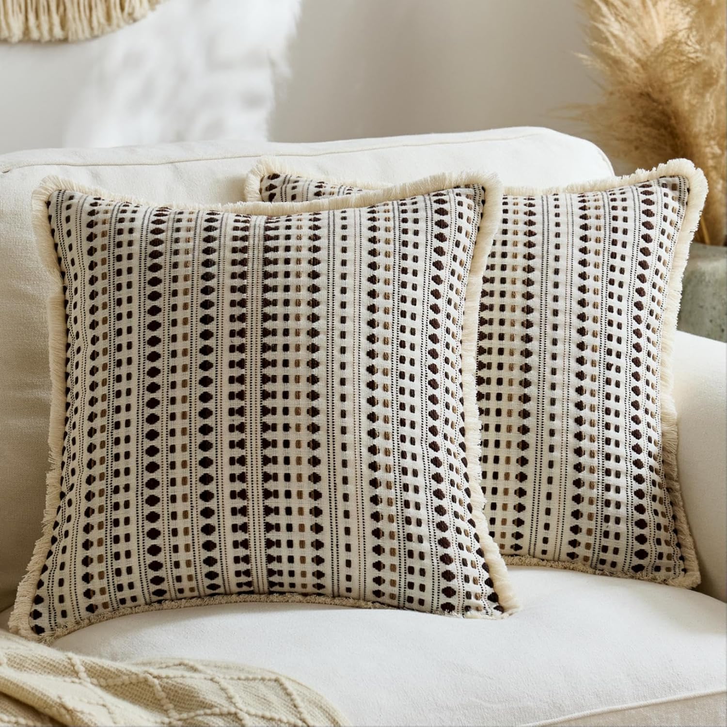 Embroidered Boho Beige Throw Pillow Cover — 20" — Dark Brown