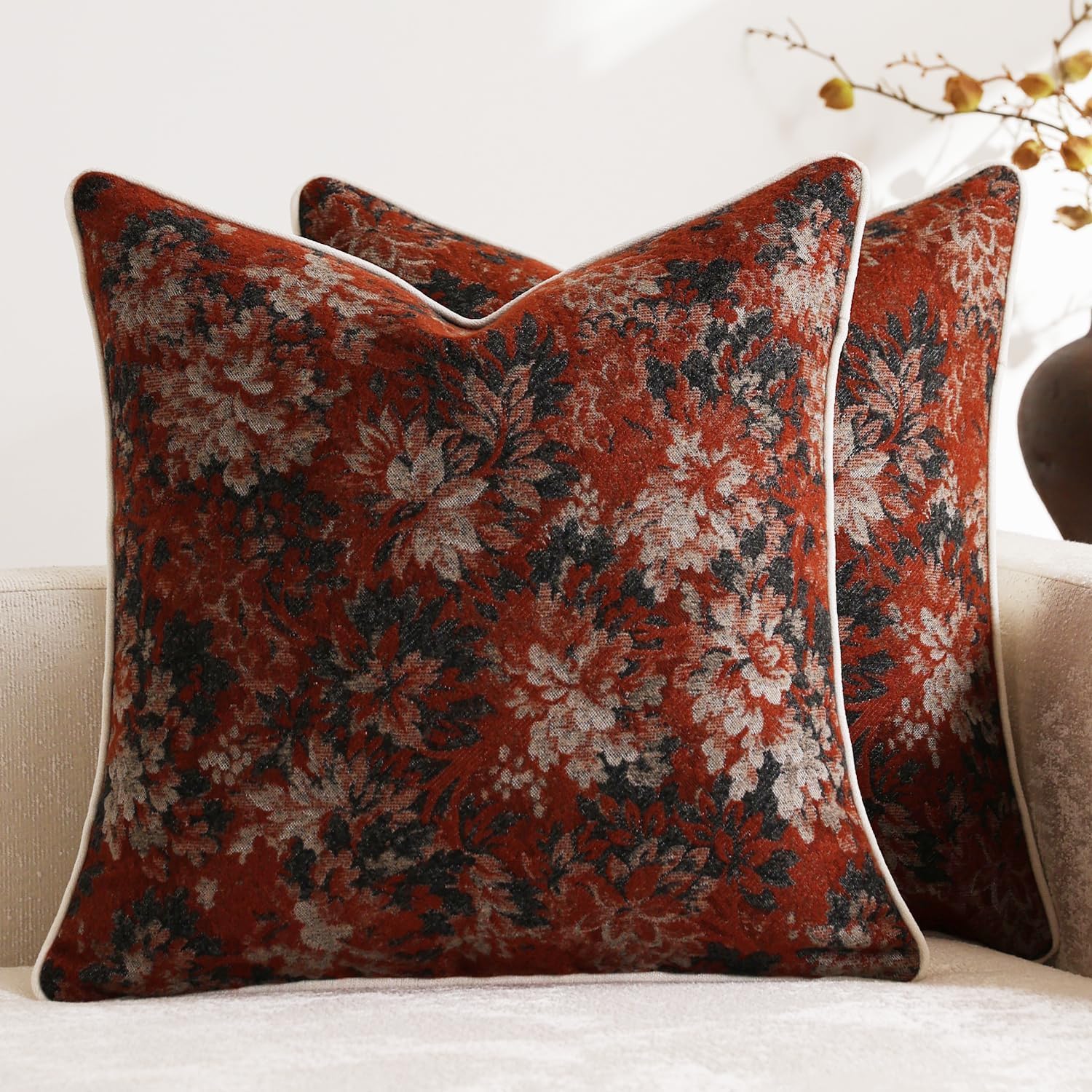 Chenille Boho Beige Throw Pillow — 26" — Rust