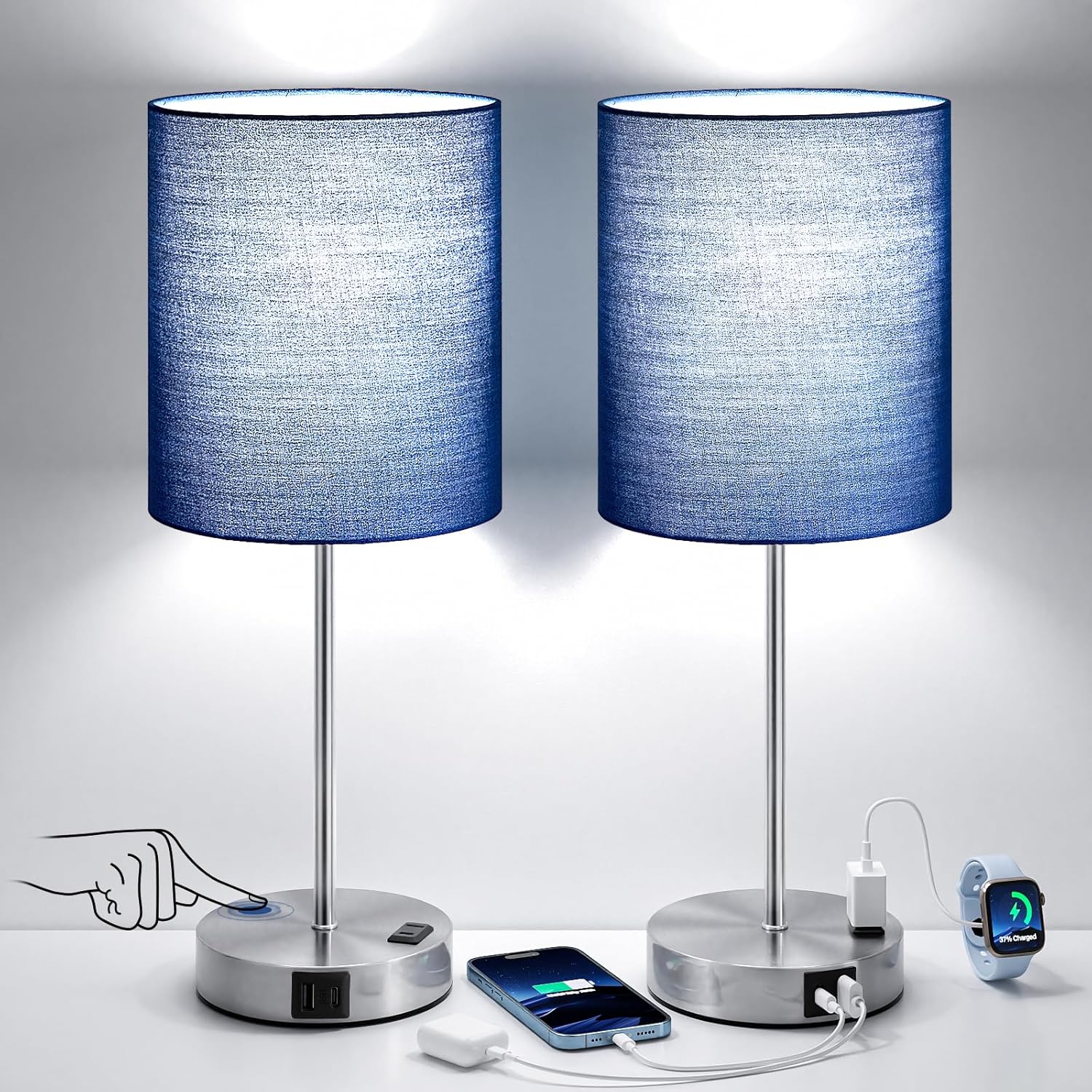 Dimmable Black Table Lamp — Set of 2 — Blue - Silver