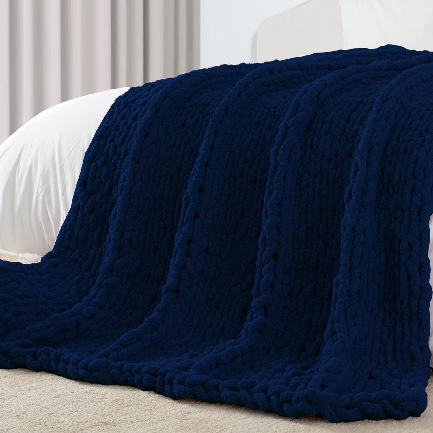 Knit Boho Beige Throw Pillow — 50" — Navy Blue