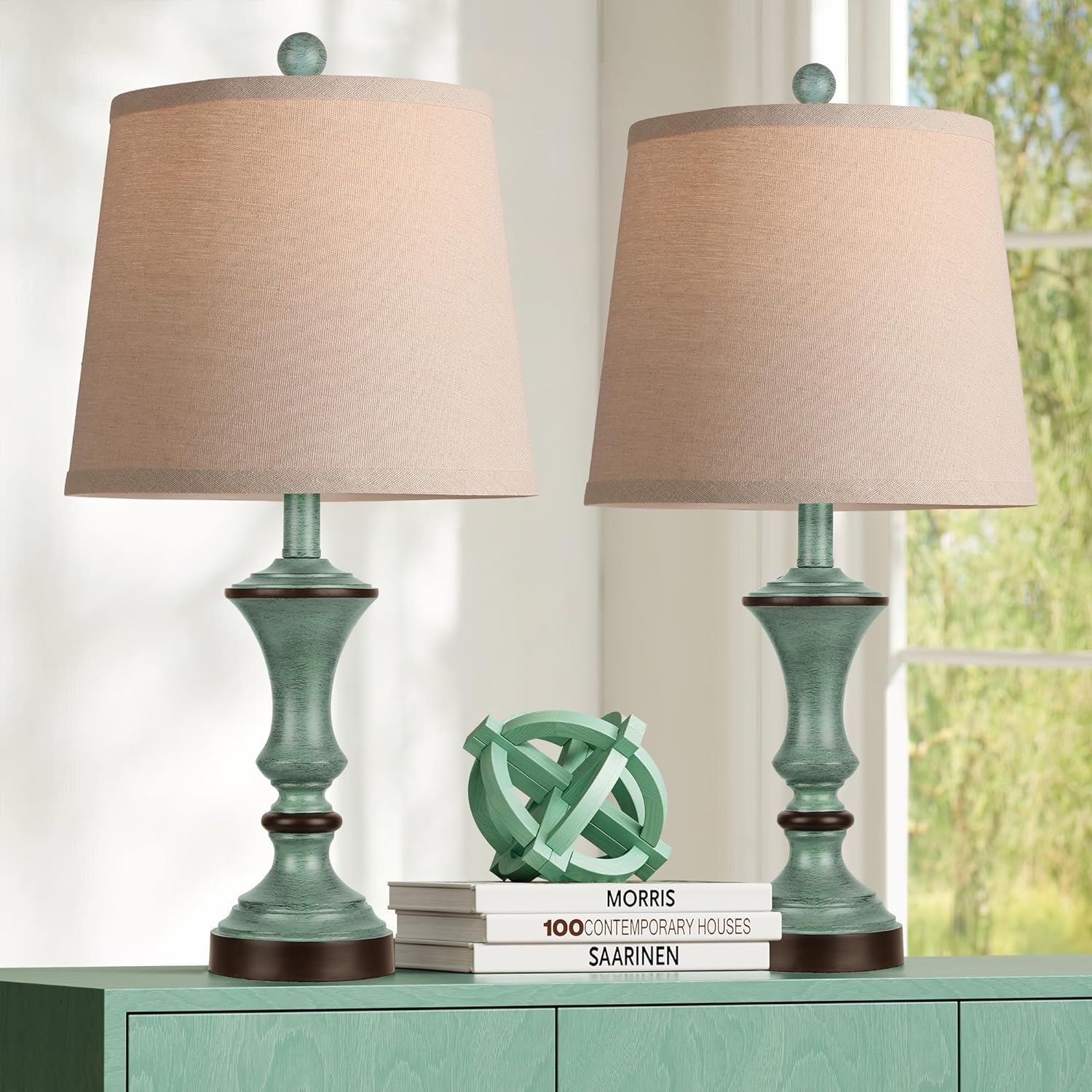 Vintage Farmhouse Black Bedside Lamp — Set of 2 — Washed Blue