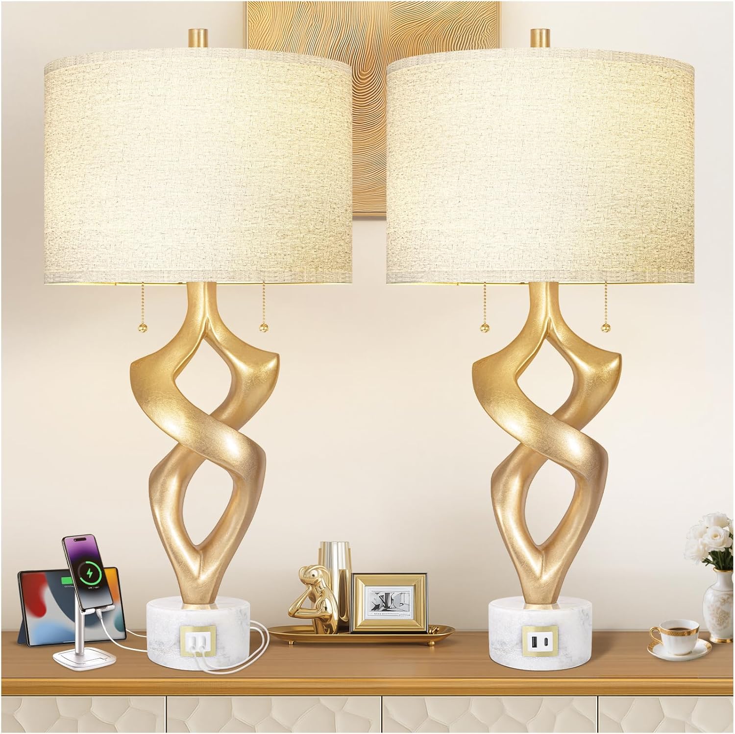 USB Luxe Stone Bedside Lamp — 26" — 31 inches Gold Leaf -028-SL