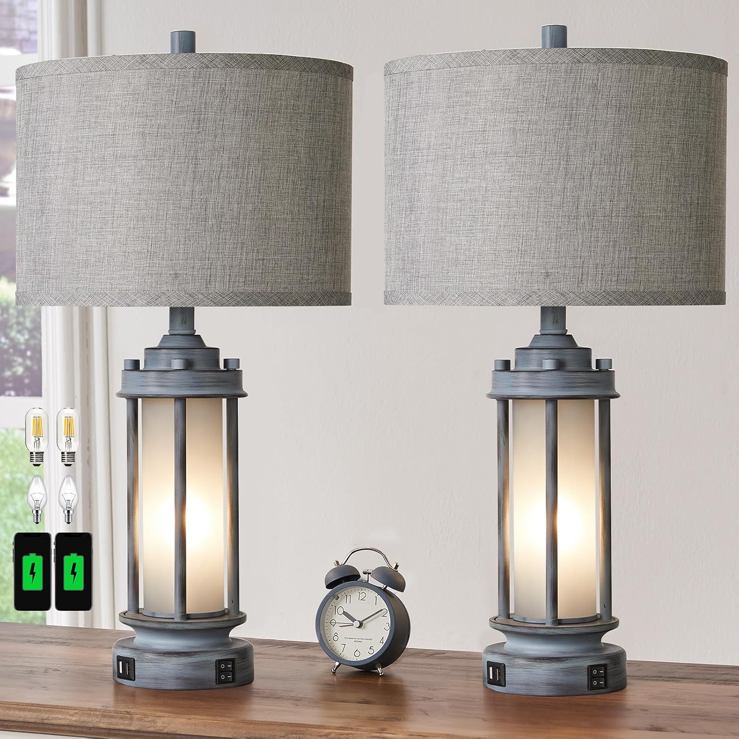USB Charging Farmhouse Black Table Lamp — Set of 2 — Gray Green