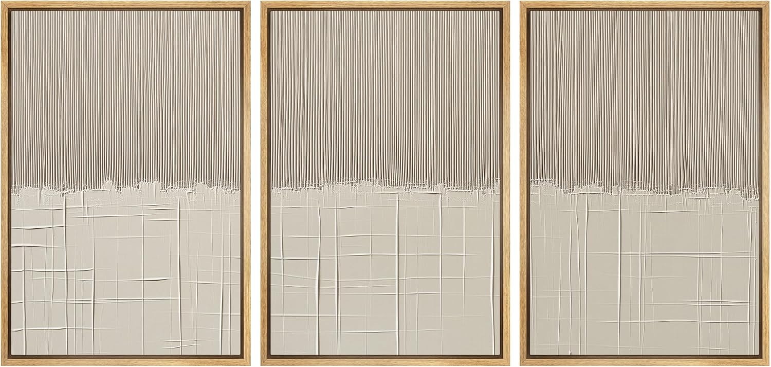 Framed Boho Fabric Wall Art — 16" — 16"x24"x3 Panels Natural