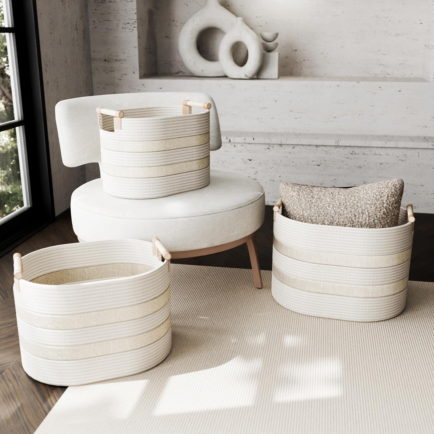 Linen Boho Beige Storage Basket — Set of 3 - View 2