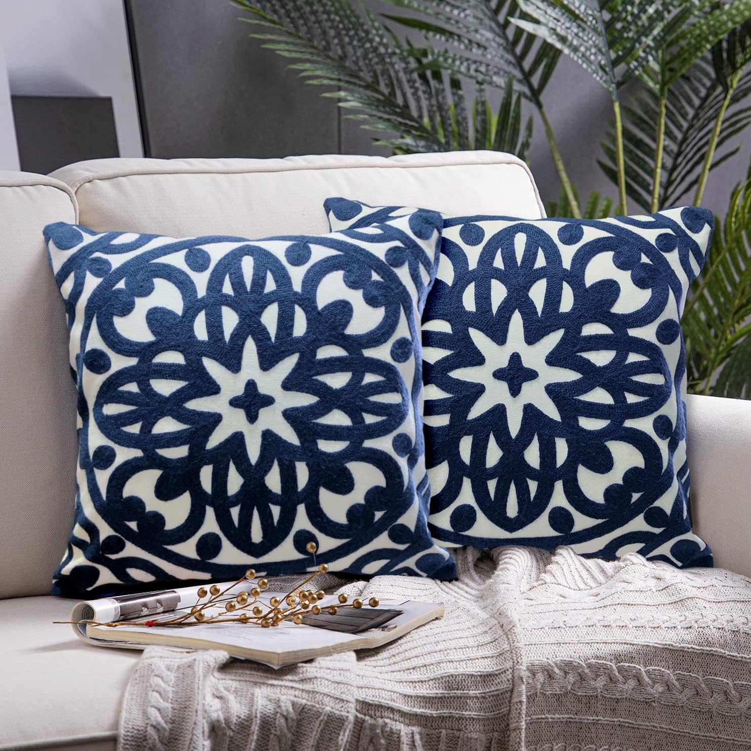 Embroidered Boho Beige Throw Pillow Cover — 12" — Navy