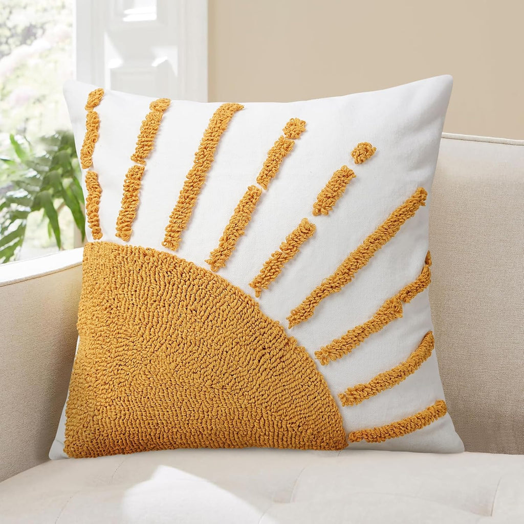 Tufted Boho Beige Throw Pillow Cover — 20" — Yellow and White-b