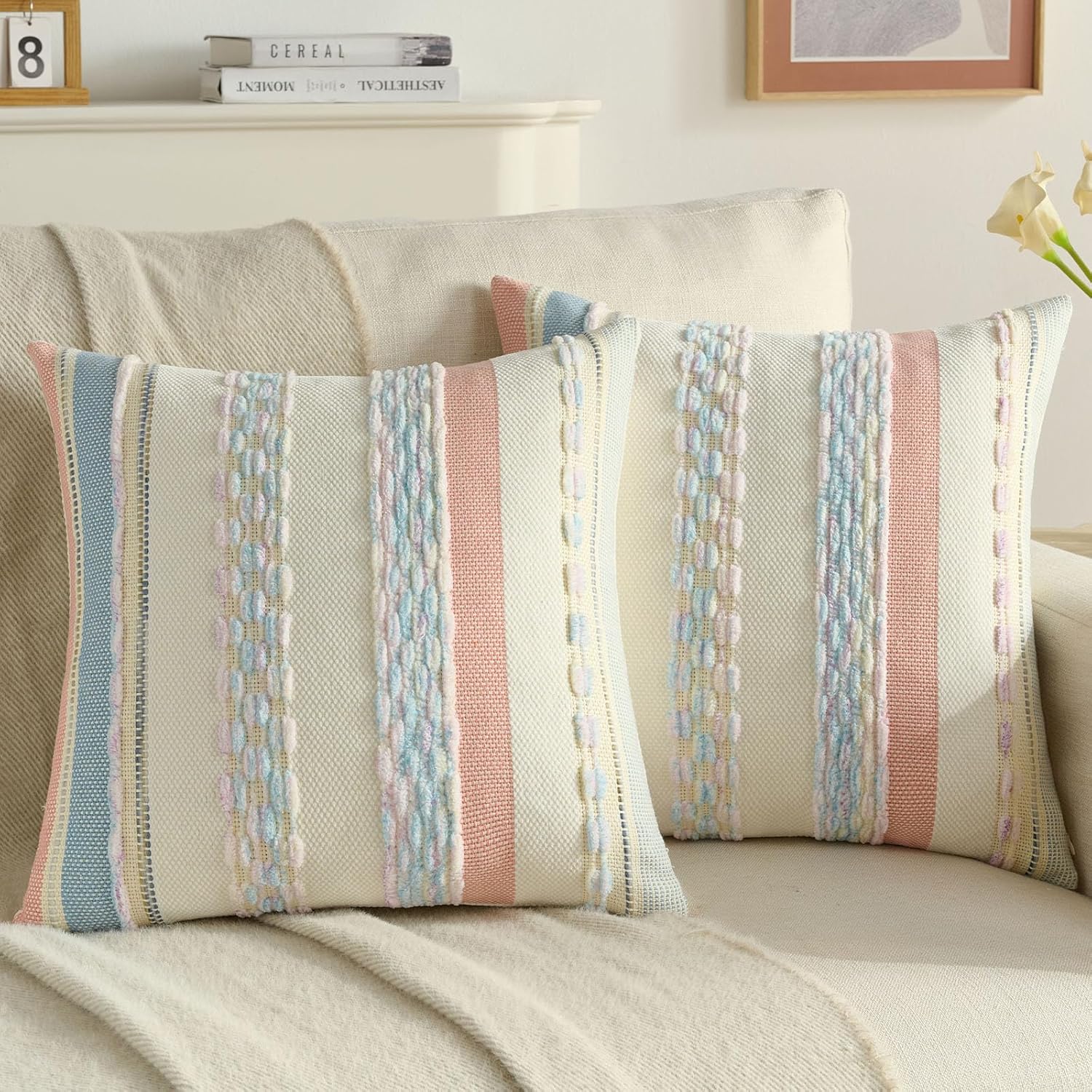 Tufted Boho Beige Throw Pillow Cover — 18" — Pink Blue