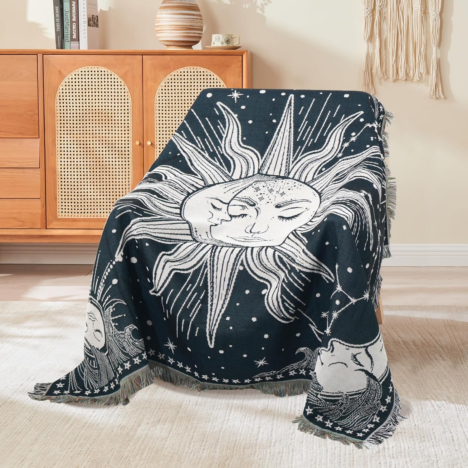 Boho Black Wall Art — 50" — Navy Sun Moon
