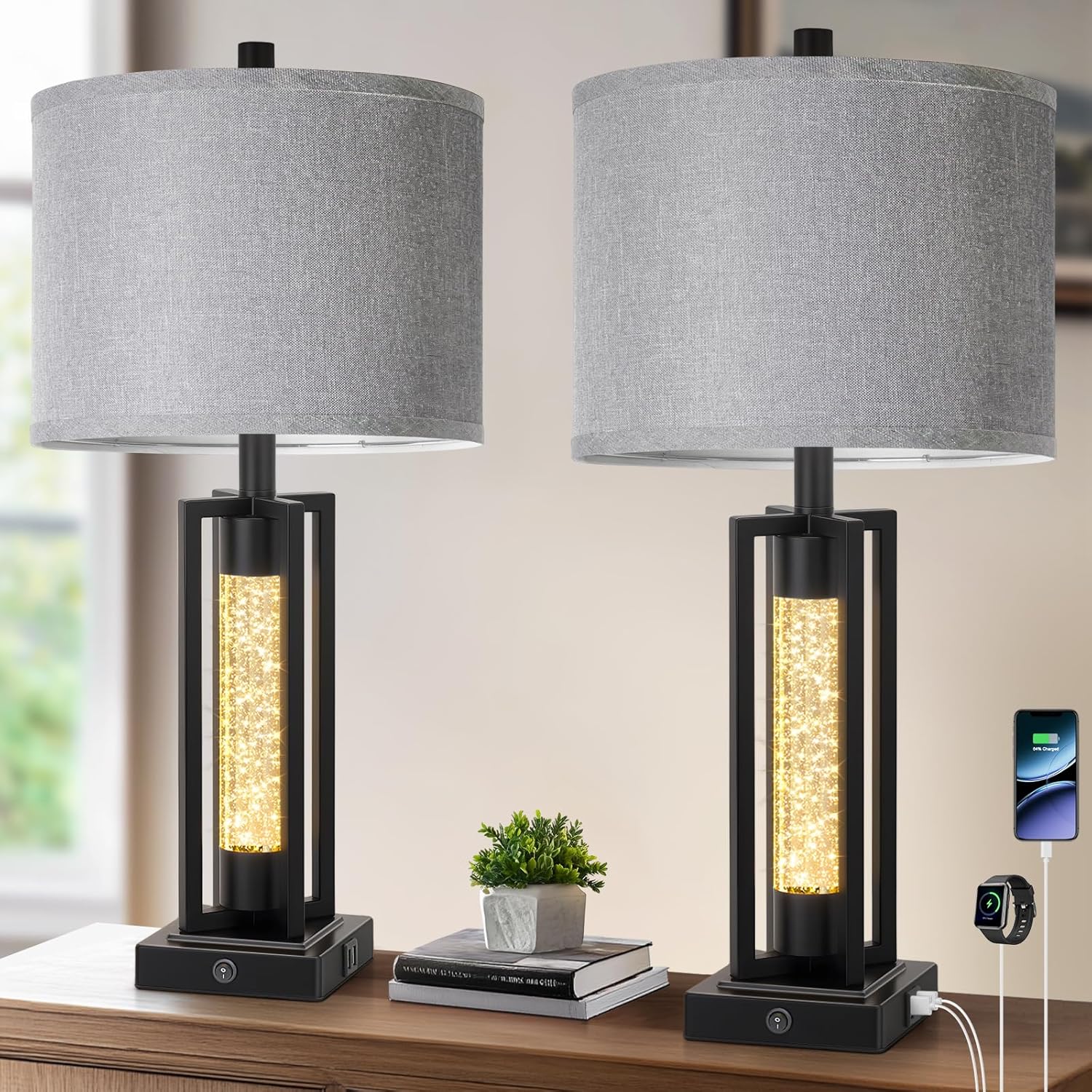 USB Farmhouse Black Bedside Lamp — Set of 2 — 2 Packs-Black Grey