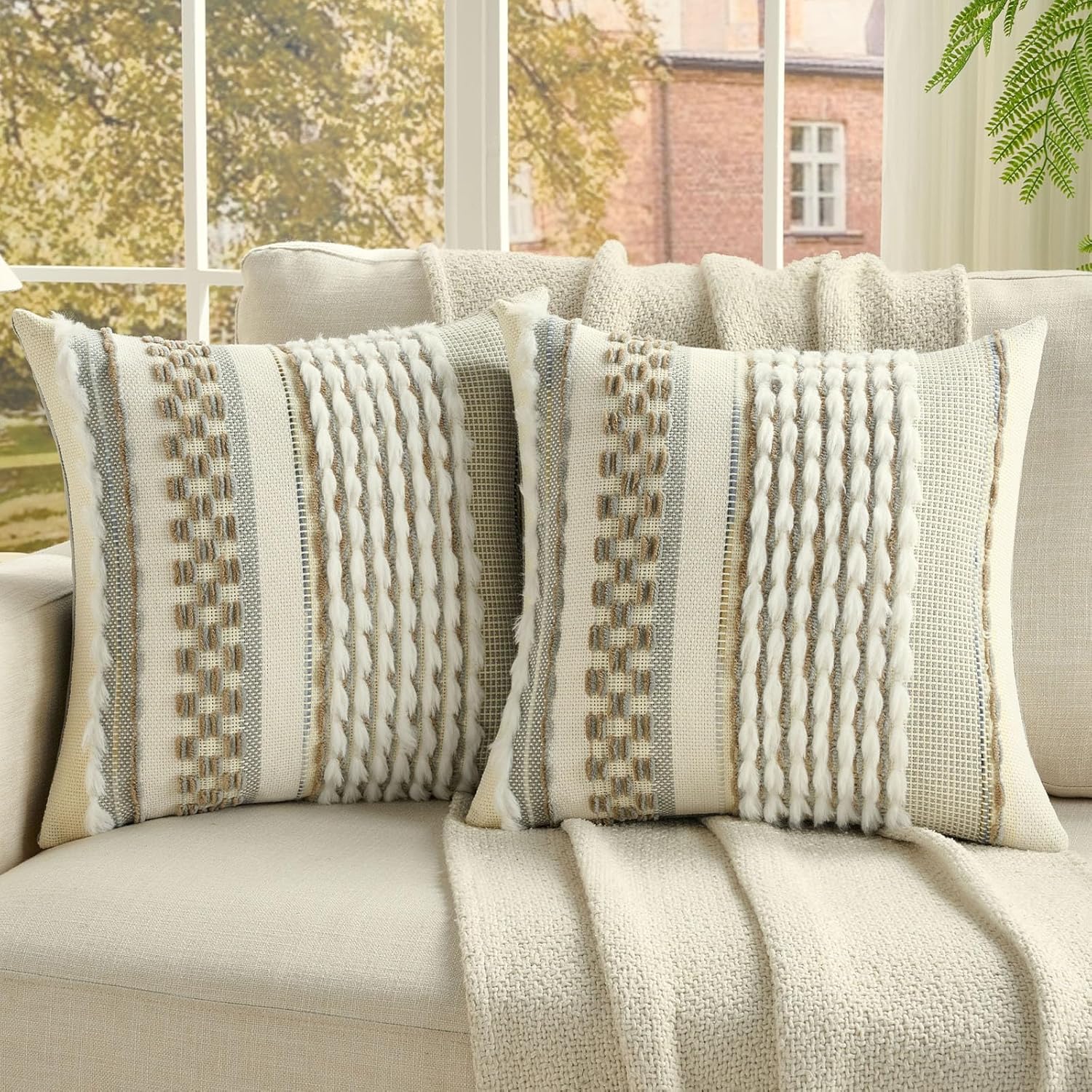 Tufted Boho Beige Throw Pillow Cover — 18" — Grey+brown