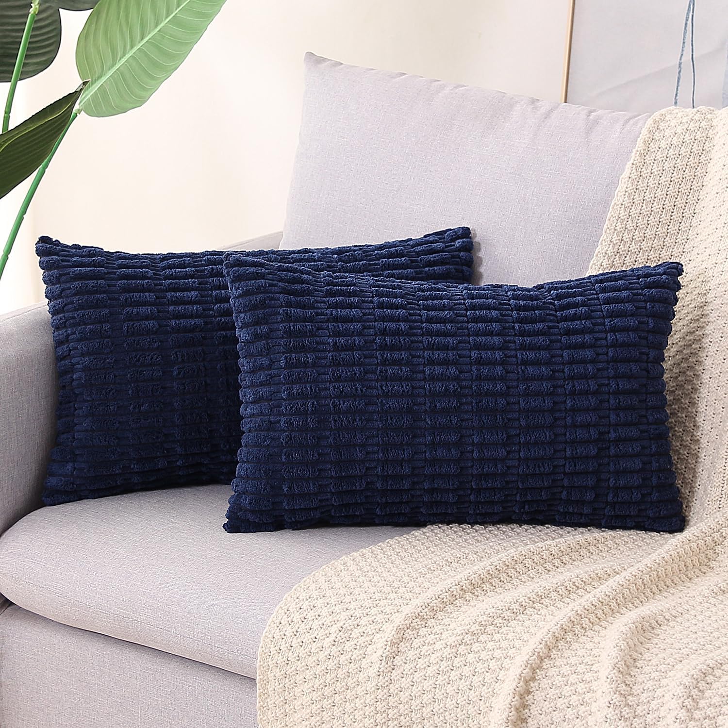 Lumbar Boho Beige Throw Pillow Cover — 20" — Navy Blue