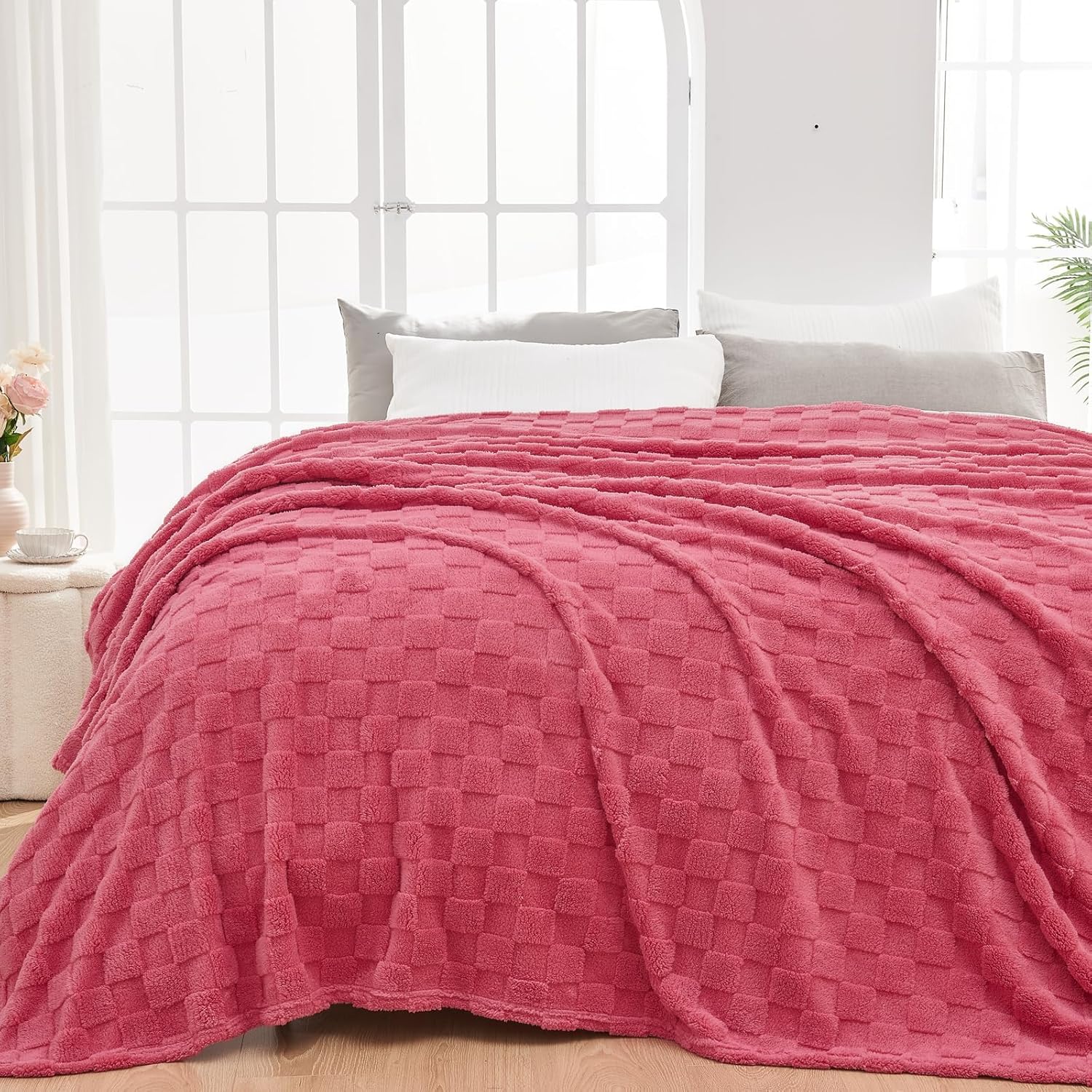 Beige Throw Pillow — 50" — Coral Pink Checkered