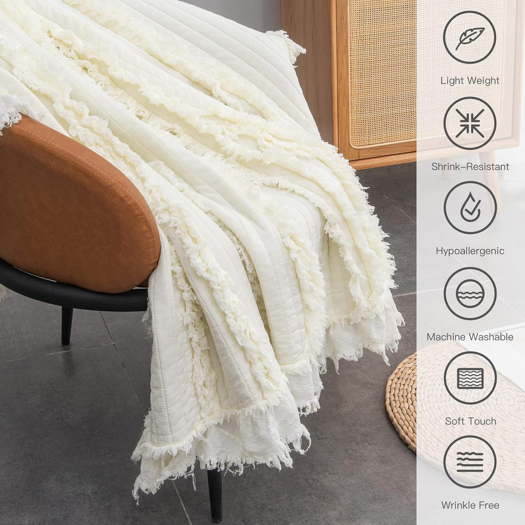 Fringed Boho Beige Throw Pillow — 50" - View 3