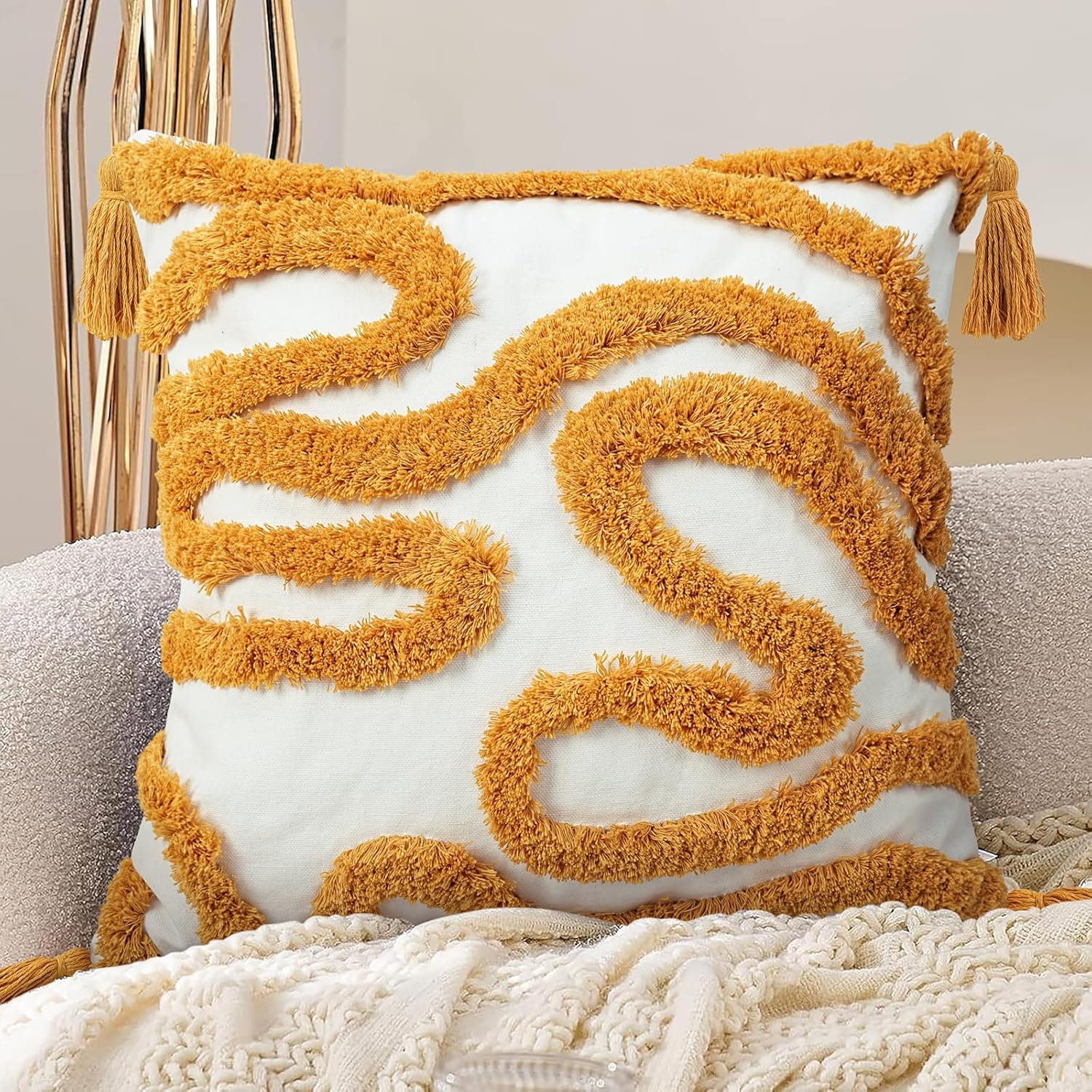 Tufted Boho Beige Throw Pillow Cover — 20" — Yellow and White-h