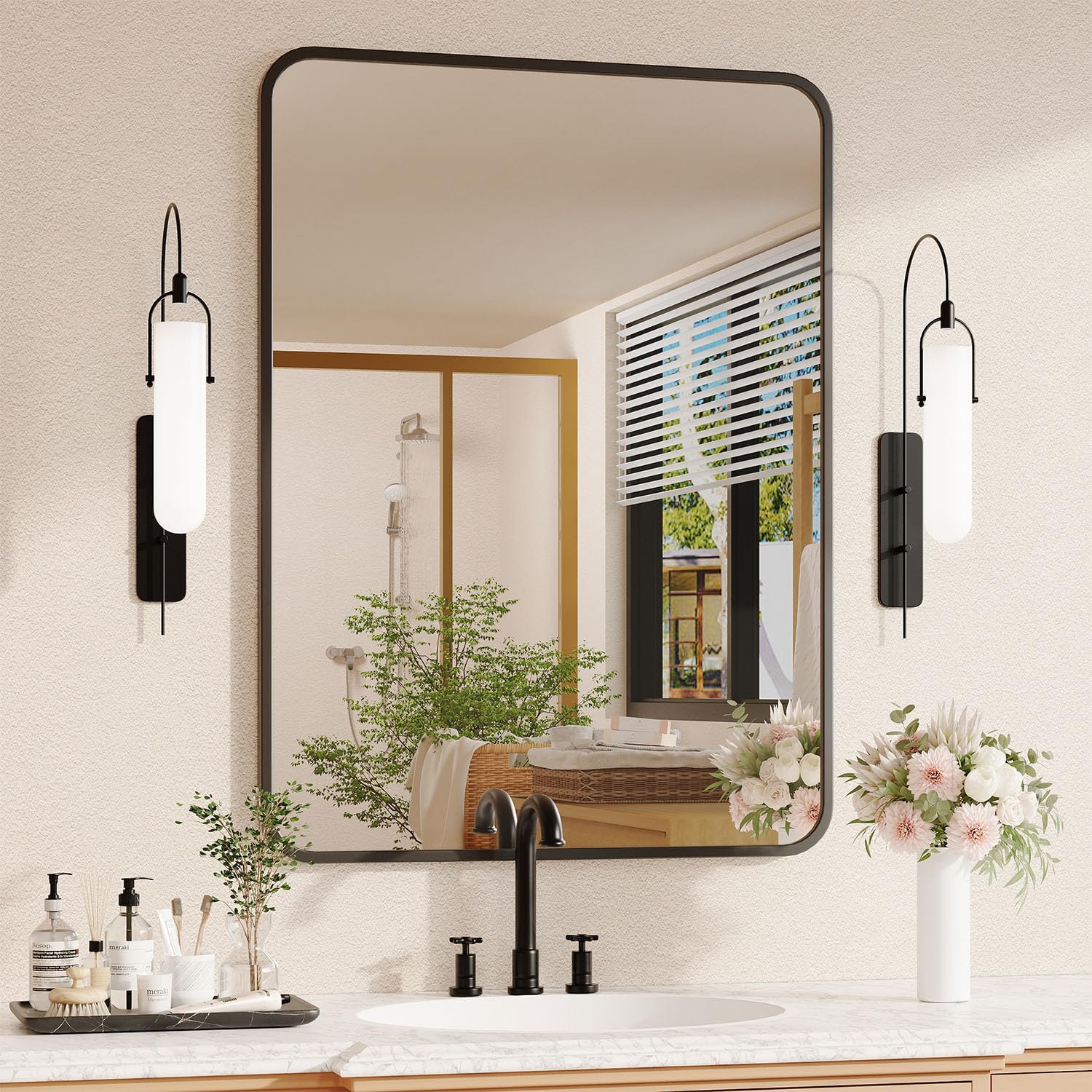Rectangular Black Wall Mirror — 36" — Black – Flat Frame