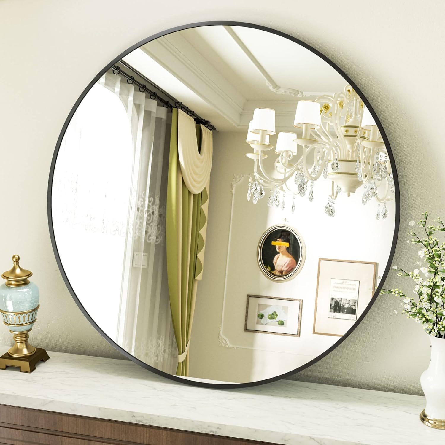 Round Modern Black Mirror — 48" — Black
