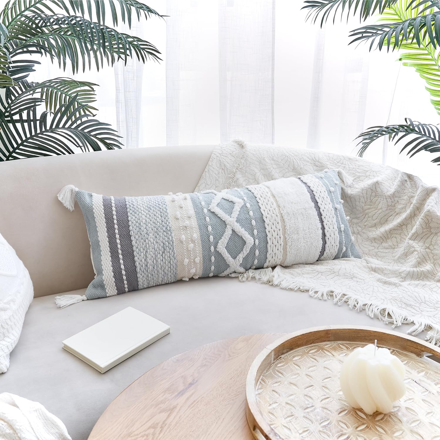 Lumbar Boho Blue Pillow Cover — 14x36 - View 2
