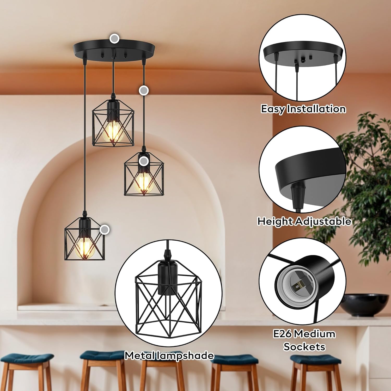 Adjustable Farmhouse Beige Pendant Light — 3-Light - View 4