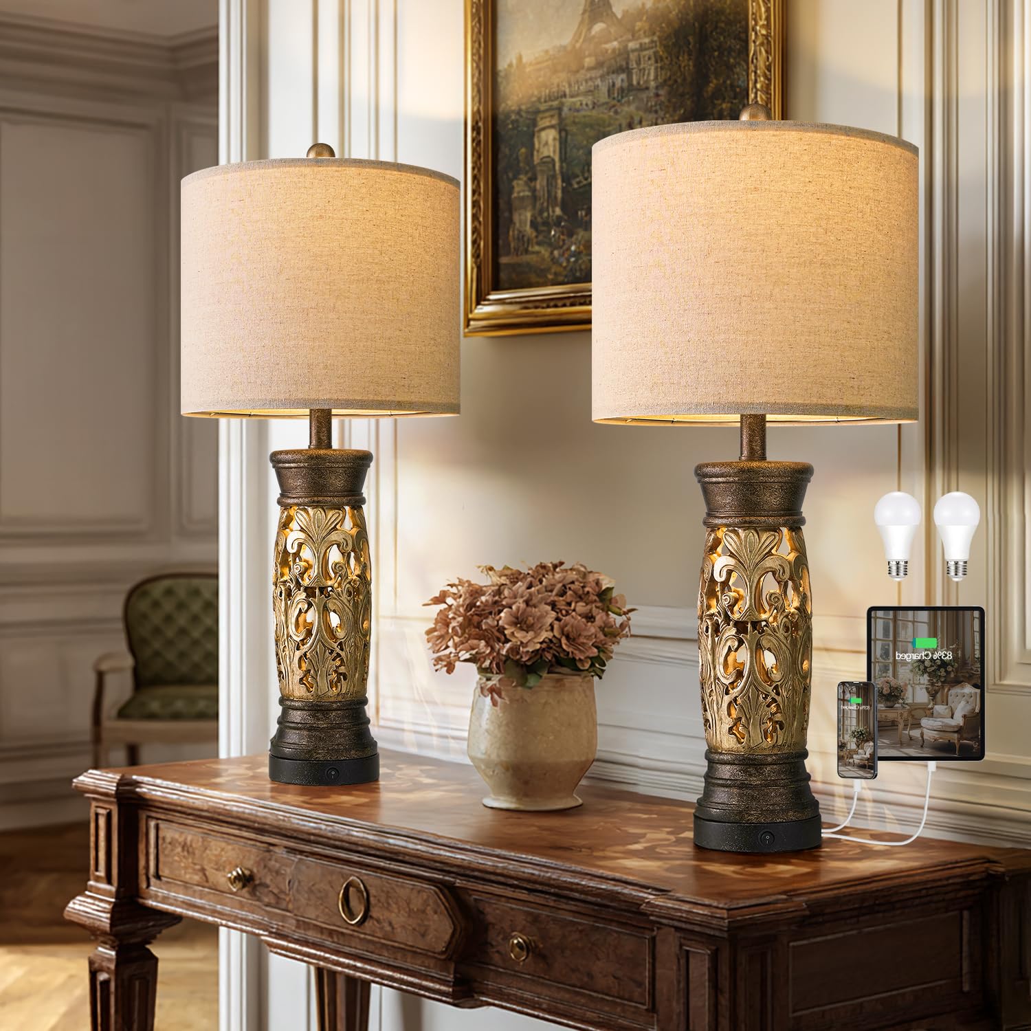 USB Farmhouse Gold Bedside Lamp — 27.25"